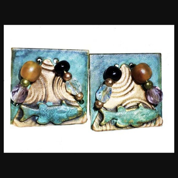 Jewelry - OOAK ARTIST MADE TURQUOISE GOLD SQUARE EARRINGS